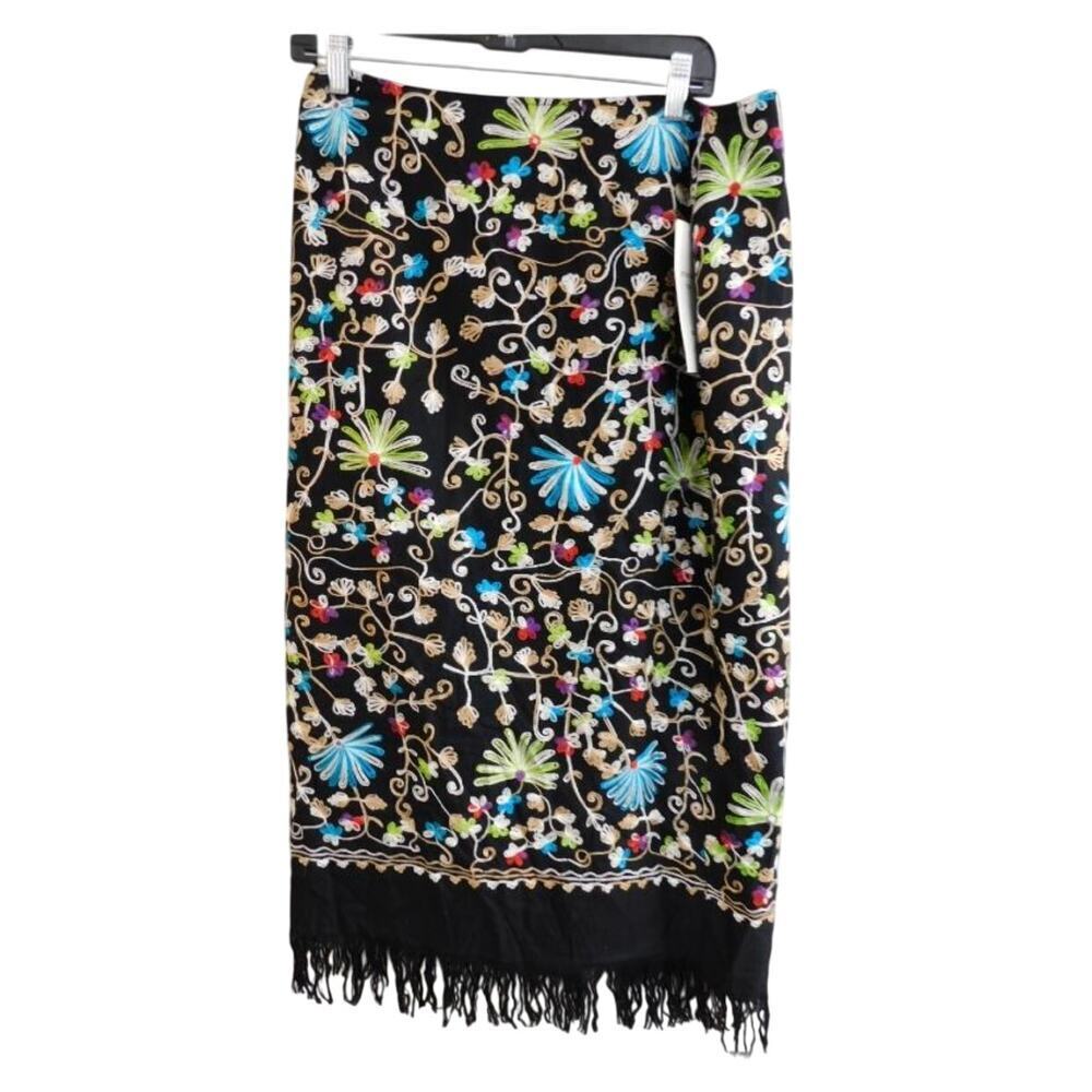 Intriguing Threads Embroidered Fringe Maxi Skirt 12 NWT